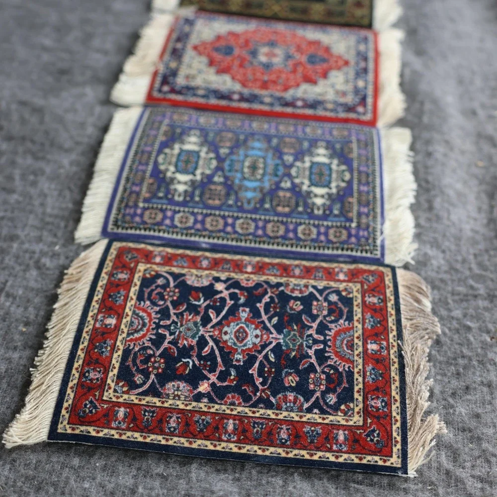 CoasterRug Mini Rug Drink Coasters Set Of 4 Multicolor Medallion Fabric Rubber